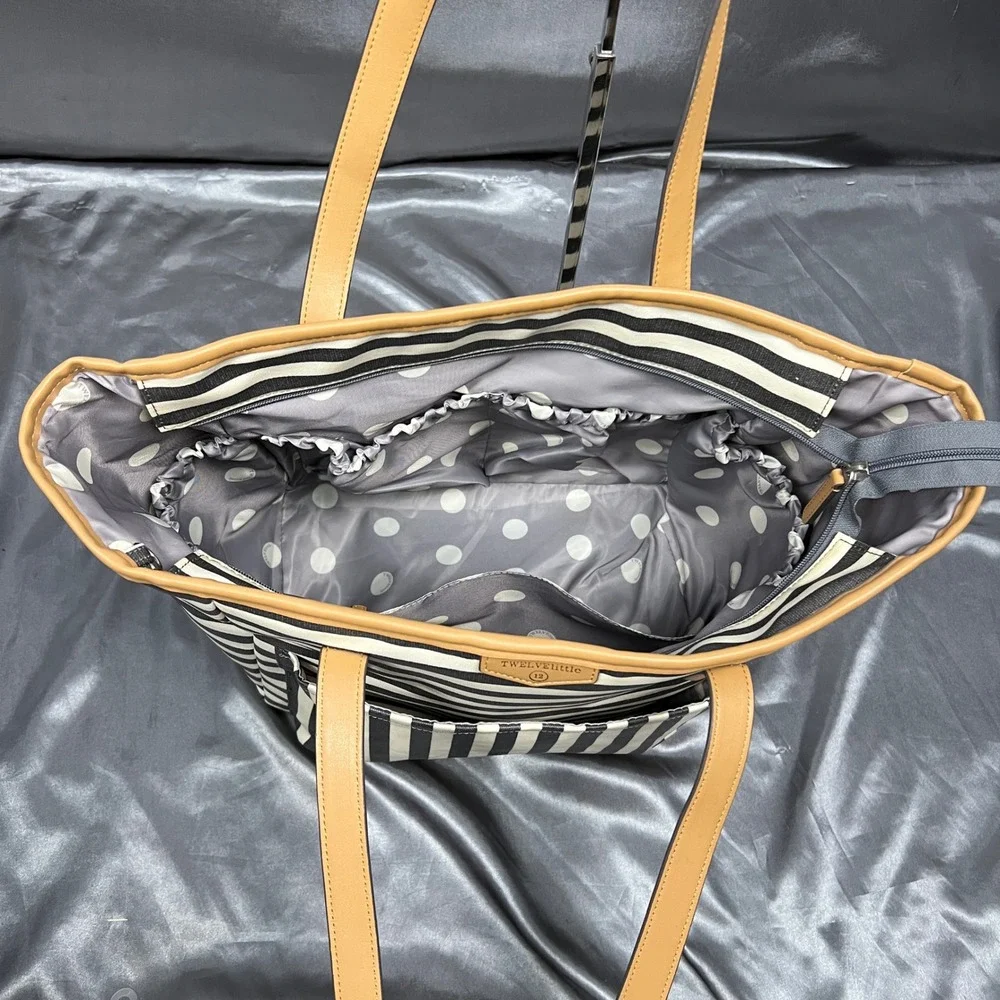 TWELVElittle Stripe Diaper Bag Tote Black White Tan Coated Canvas Large Carryall